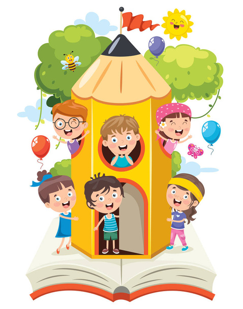 Cute Children Playing At Pencil House - Vector, Image