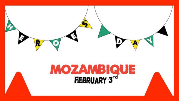 英雄の日モザンビークのテキストイラスト。三角形のバナーをぶら下げて旗の色2月3日の英雄の日を祝う祝日.  - 写真・画像