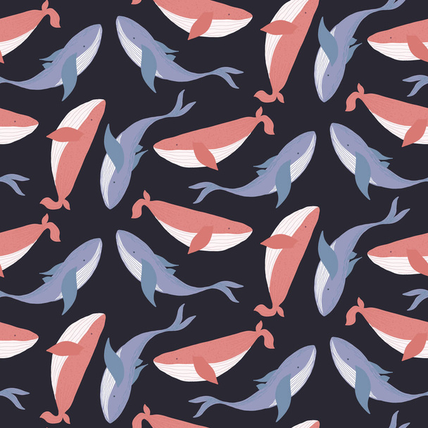 Tender dark pattern with coral and blue whales - Wektor, obraz