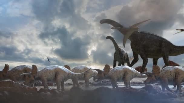 různí dinosauři na pravěkém pozadí přírody, 3d vykreslení - Záběry, video