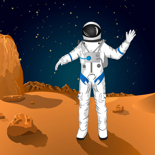 Astronaut vlna ruka, expedice v Mars planet, kreslený znak vektor ilustrace - Vektor, obrázek