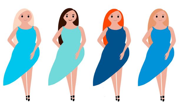 Conjunto de cuatro chicas con diferentes colores de pelo en vestidos de tonos de color azul tendencia. Ilustración vectorial en diseño plano. Set de diseño para el Día Internacional de la Mujer. Uso web, impresión, publicidad
. - Vector, imagen