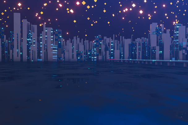 Şehir yolu ve yıldızlı gökyüzü, soyut kavram, 3D canlandırma. - Fotoğraf, Görsel