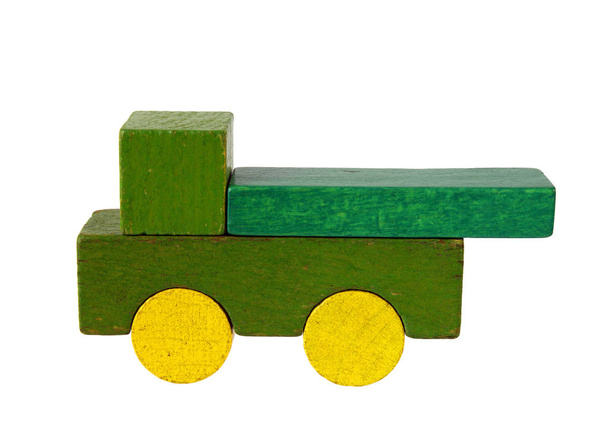 Lorry of wooden blocks, traditional toy on white background - Photo, Image