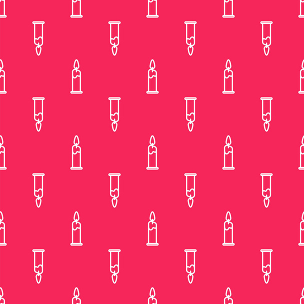 White line Burning candle in candlestick icon isolated seamless pattern on red background. Cylindrical candle stick with burning flame. Vector Illustration - Vector, Image