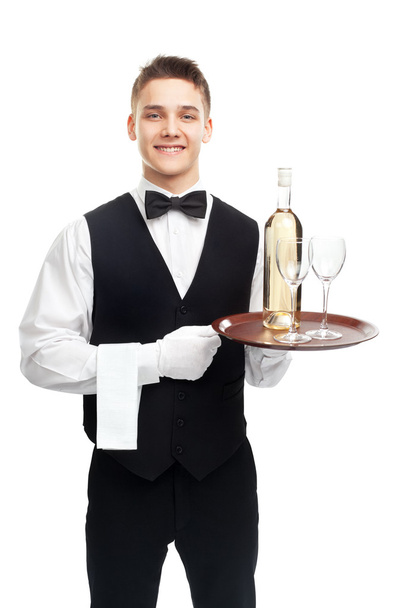 young waiter with bottle of white - Valokuva, kuva