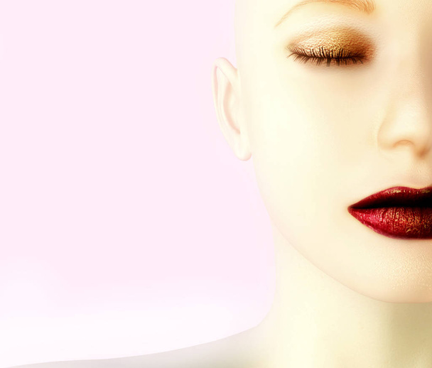 beautiful woman with pink lips and red lipstick on face. - Foto, imagen
