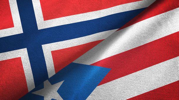Norwegia i Portoryko dwie flagi tkaniny tekstylne, tekstura tkaniny - Zdjęcie, obraz