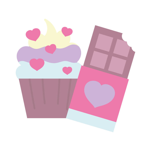 Šťastný Valentýn, sladký cupcake čokoládová tyčinka srdce rád dekorace - Vektor, obrázek