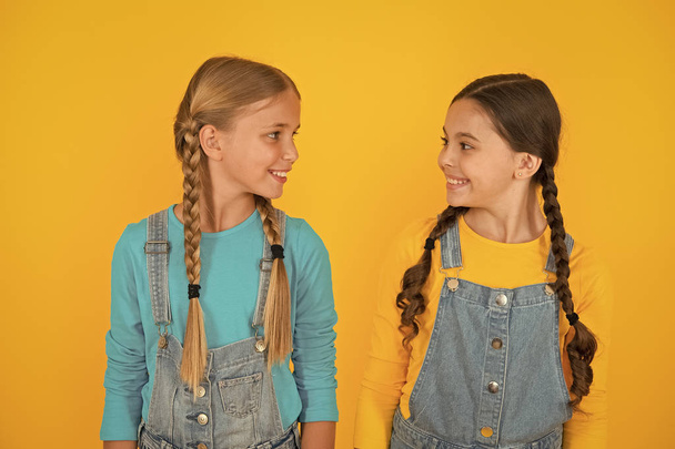 We are ukrainians. Ukrainian kids. Celebrate national holiday. Patriotism concept. Girls with blue and yellow clothes. Patriotic upbringing. Independence day. Children ukrainian young generation - Foto, Imagem