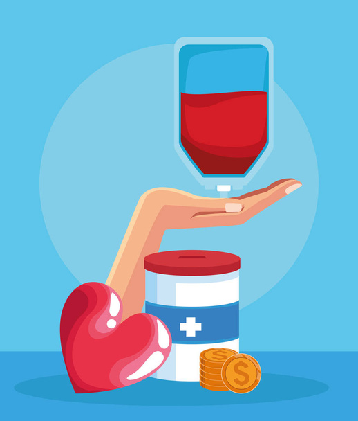 Herz, Spendendose und Hand mit Blutbeutel, buntes Design - Vektor, Bild