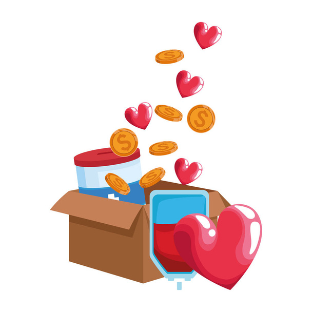 коробка з жертвоприношенням олова, мішок для крові та серця, барвистий дизайн
 - Вектор, зображення