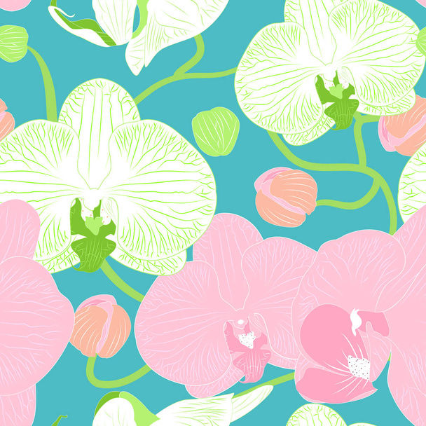 Kawaii floral pattern background with pink and white orchids. Doodle exotic tropical flowers. Great for wallpaper, gifts, textile, card, packaging design. - Vector, imagen