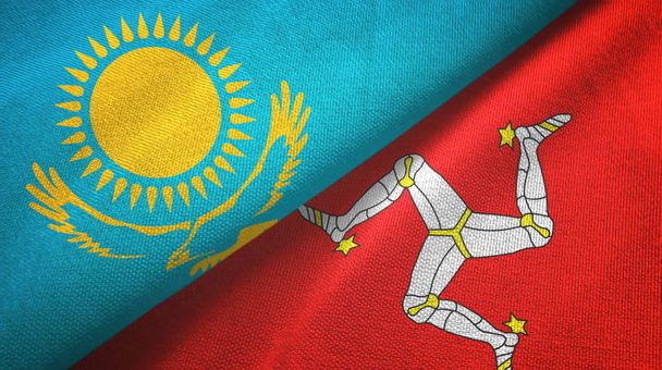 Καζακστάν και Νήσος Μαν δύο σημαίες ύφασμα, υφασμάτινη υφή - Φωτογραφία, εικόνα