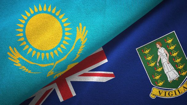 Καζακστάν και Παρθένοι Νήσοι Βρετανικές δύο σημαίες ύφασμα, υφασμάτινη υφή - Φωτογραφία, εικόνα