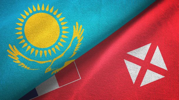 Kazahsztán, Wallis és Futuna két zászlós textilszövet, szövet textúra - Fotó, kép