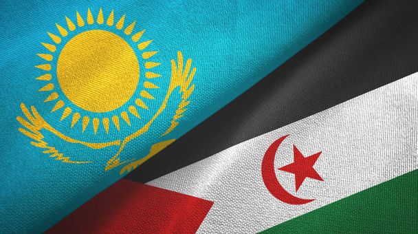 Казахстан і Західна Сахара два прапори текстильної тканини, текстура тканини. - Фото, зображення