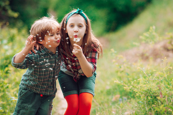 Egy kis pár Valentin napon. Élvezd a természetet. Aranyos gyerekek, akik pitypangot fújnak. Gyerekek sétálnak a nyári mezőn.. - Fotó, kép
