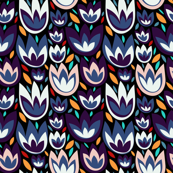 Cute abstract vector seamless floral pattern with flowers and leaves. Colorful ethnic print in simple Scandinavian style. Tulips on dark background.  Vector. - Vektor, kép