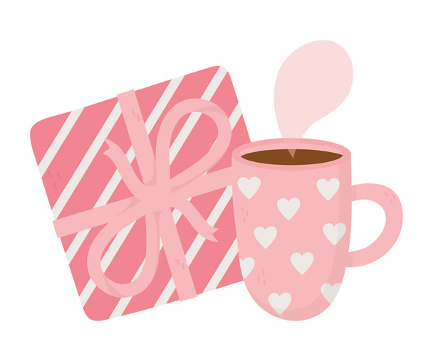 happy valentines day, coffee cup and gift box decoration - Wektor, obraz