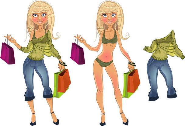Pretty nude blond shopping glamor girl and blond in clothe - Вектор, зображення