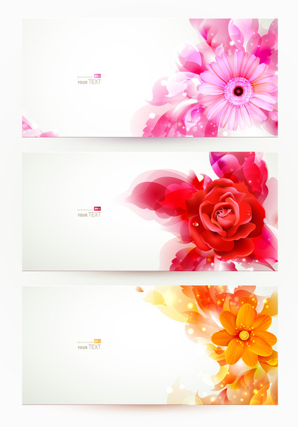 Set of three banners, abstract headers with flowers and artistic blots - Vektor, kép