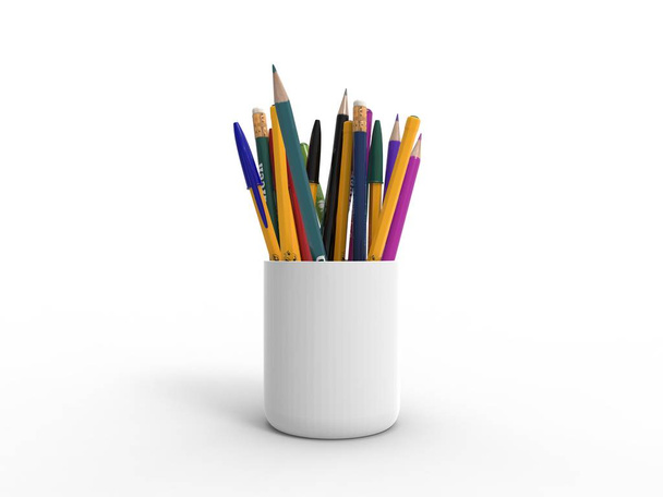3d rednering egy csésze töltött ceruzák elszigetelt fehér stúdió háttér - Fotó, kép