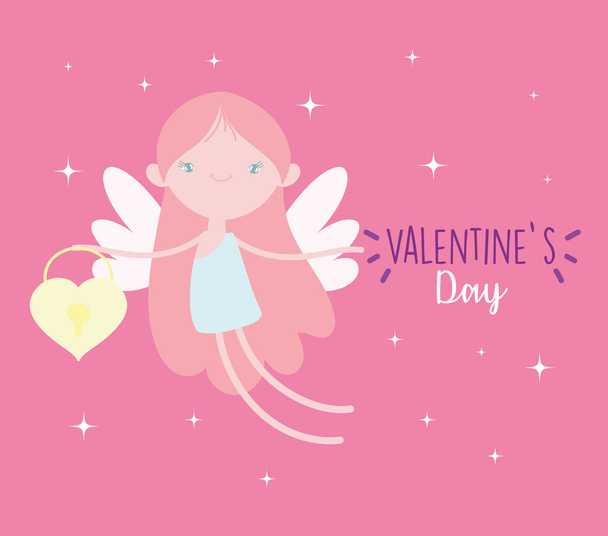 happy valentines day, cute cupid with padlock shaped heart - Vektori, kuva