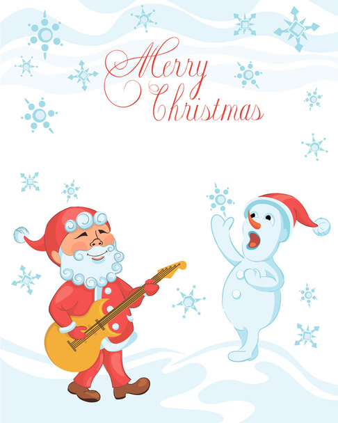 Різдвяна мультяшна картка з грою на гітарі Санта та співаючим сніговиком
 - Вектор, зображення