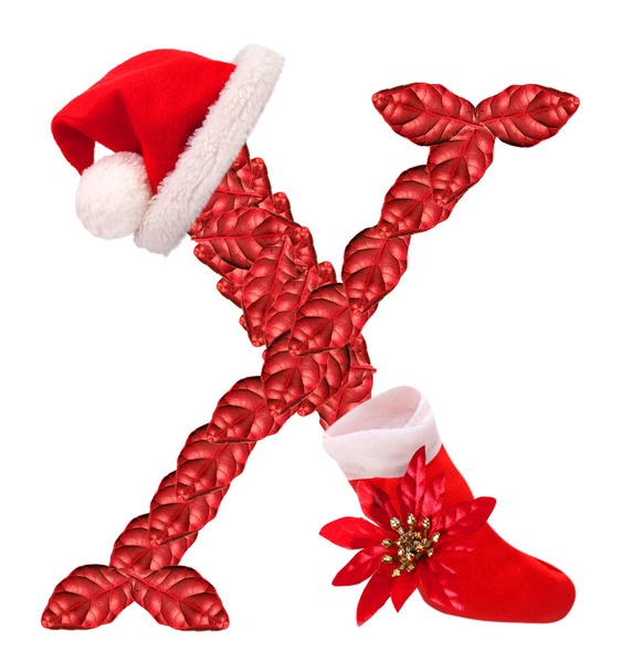 Christmas letter X with Santa Claus cap and stocking. - Photo, Image