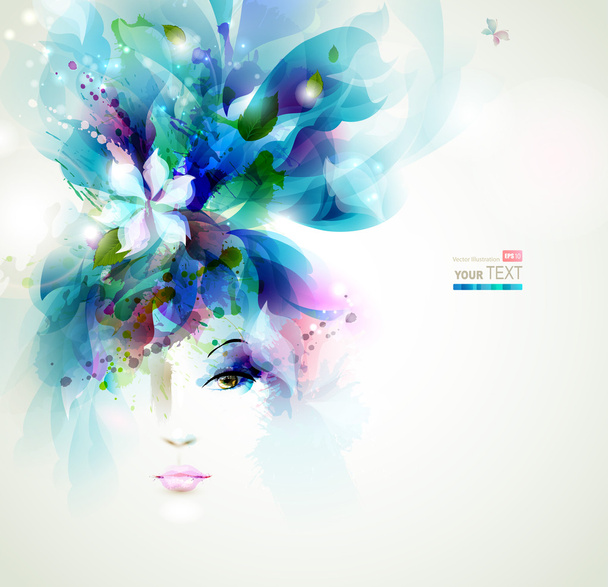 Beautiful fashion woman face with natural elements, flowers and butterflies - Vector, Image