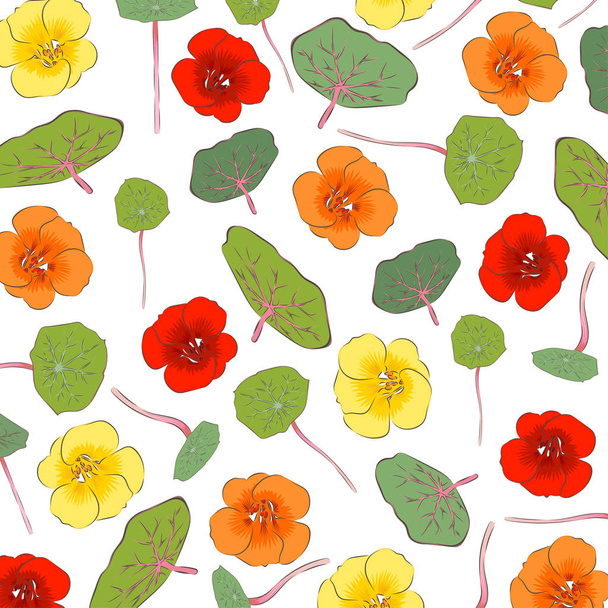 Flowers and leaves of nasturtium. Texture. Close-up. Microgreens and edible flowers. Color image. Design element. Vector image. - Διάνυσμα, εικόνα