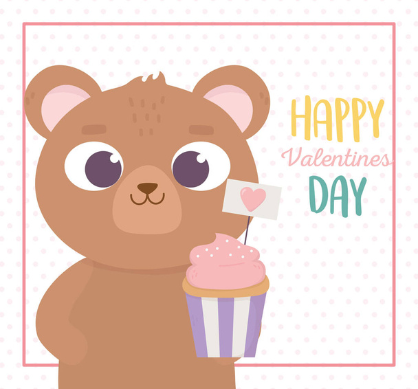 feliz dia dos namorados, urso bonito com doce cupcake coração amor cartão - Vetor, Imagem