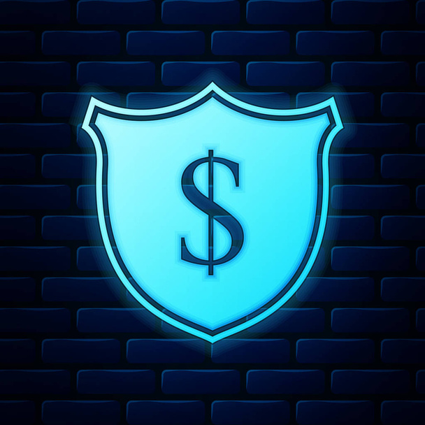 Escudo de néon brilhante e ícone de dólar isolado no fundo da parede de tijolo. Proteção de escudo de segurança. Conceito de segurança monetária. Ilustração vetorial
 - Vetor, Imagem