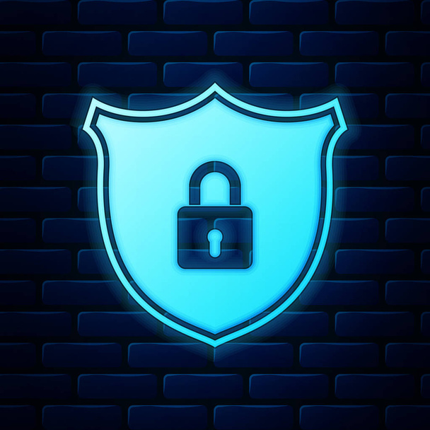 Illuminante sicurezza neon Shield con icona di blocco isolato su sfondo muro di mattoni. Protezione, sicurezza, sicurezza delle password. Segnale privacy accesso firewall. Illustrazione vettoriale
 - Vettoriali, immagini