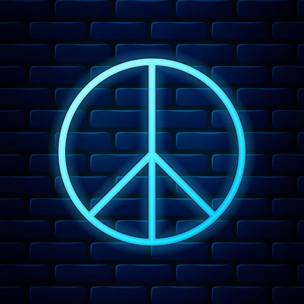 Leuchtende Leuchtschrift Friedenszeichen isoliert auf Backsteinmauer Hintergrund. Hippie-Symbol des Friedens. Vektorillustration - Vektor, Bild