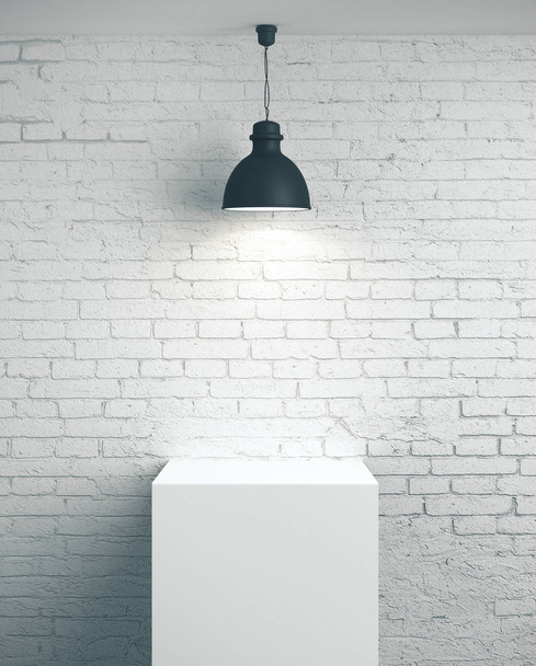 Empty brick wall, podium and lamp. - Φωτογραφία, εικόνα