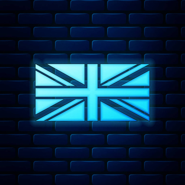 レンガの壁の背景に隔離された英国のアイコンのネオン旗を輝く。イギリスの国旗の記号。イギリスの国旗掲揚。イギリスのシンボル。ベクターイラスト - ベクター画像