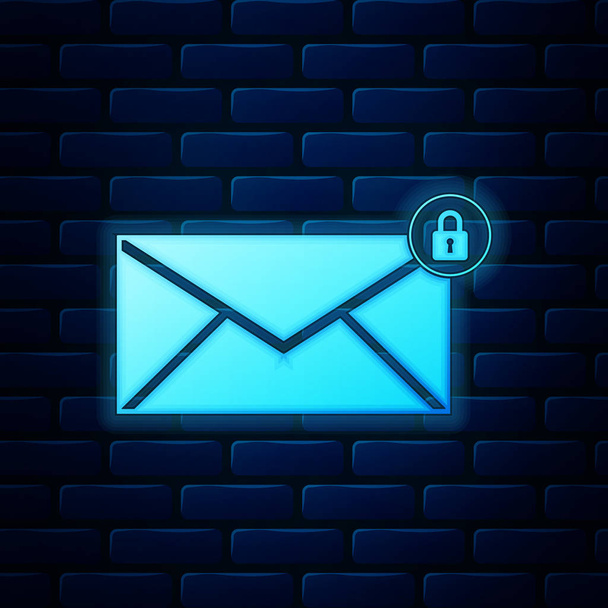 Сяючий неонове повідомлення електронної пошти значок блокування пароля ізольовано на фоні цегляної стіни. Конверт зі значком блокування. Приватна пошта та безпека, безпечний, захист, символ приватності. Векторна ілюстрація
 - Вектор, зображення