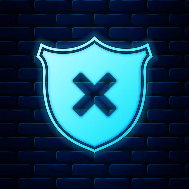 Glowing neon Shield and cross x mark icon isolated on brick wall background. Denied disapproved sign. Protection, safety, security concept. Vector Illustration - Vector, Image