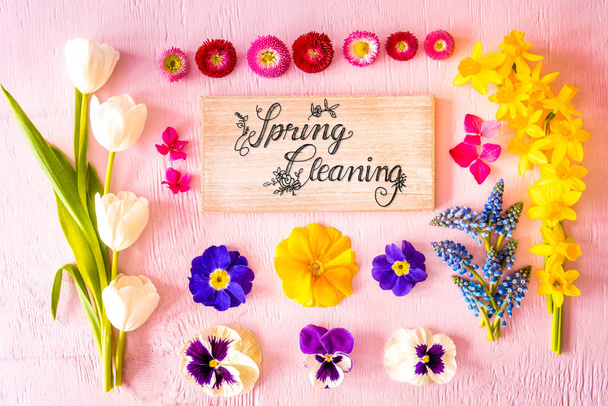 Spring Flat Lay, Flowers, Sign, Calligraphy Spring Cleaning - Foto, Imagen