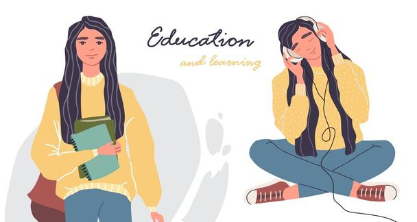 student image set. online education. Young woman in headphones - Vektor, obrázek