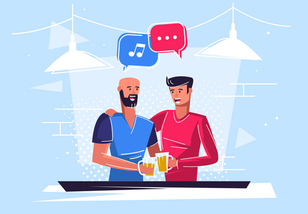 Векторна ілюстрація двох найкращих друзів, що п'ють пиво, весела компанія, спілкування між двома чоловіками, дружня розмова
 - Вектор, зображення