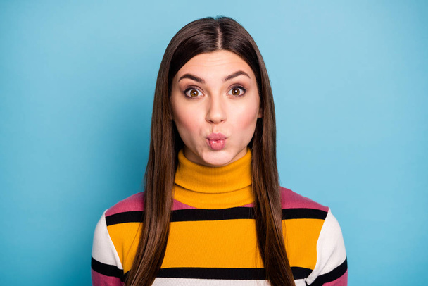 Close up photo of cute cheerful funny girl enjoy valentine day celebration date send funky air kisses boyfriend wear stylish winter fall jumper isolated over blue color background - Fotó, kép