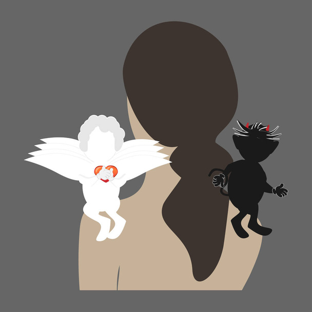 Engel und Dämon auf den Schultern eines Mädchens. die Wahl zwischen Gut und Böse - Vektor, Bild