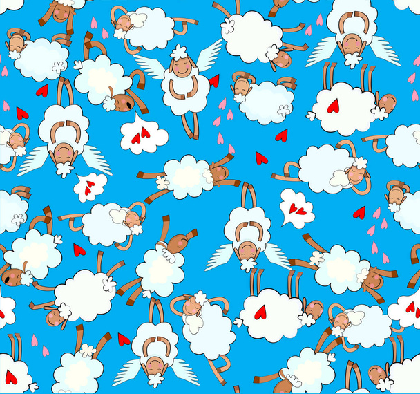 Hand drawn illustration pattern with sheep and hearts. Colorful cute background . - Vektör, Görsel