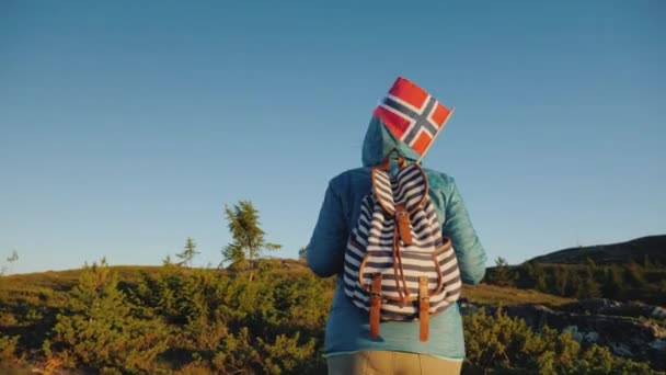 Back view of A tourist with a Norwegian flag in a backpack walks through the picturesque highlands at dawn. - Video