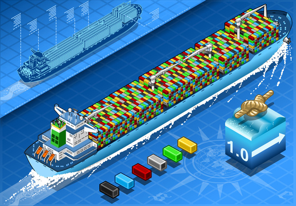 Isometric Cargo Ship with Containers in Navigation in Rear View - Vector, imagen