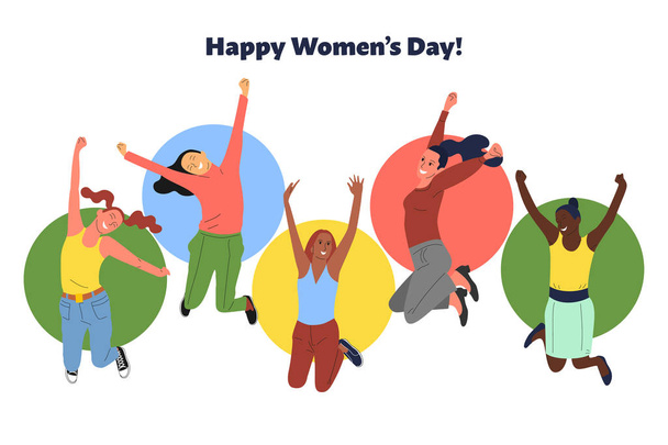 Set di giovani donne felici sorridenti in pose saltanti con cerchi colorati sullo sfondo. Buon messaggio del giorno delle donne. Isolato su bianco. vettore di stile piatto
. - Vettoriali, immagini