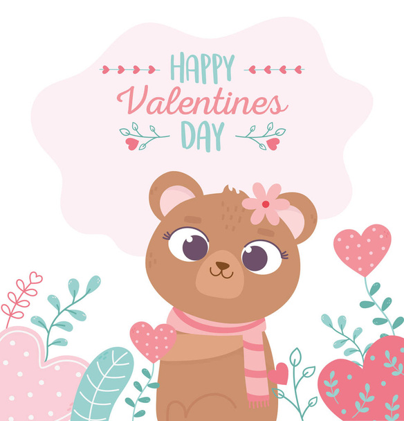 happy valentines day, cute female bear with flower hearts love romantic - Vektori, kuva
